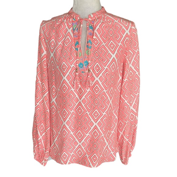 Alice & Trixie Silk Coral Peach Geometric Print Tie Neck Tassel Blouse - S - Picture 2 of 11